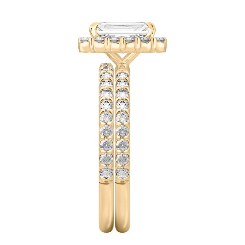 Side view of radiant cut diamond scalloped halo engagement ring set yellow gold