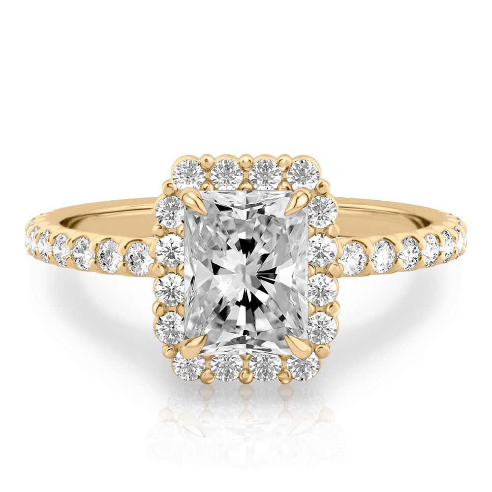 radiant cut diamond scalloped halo engagement ring yellow gold