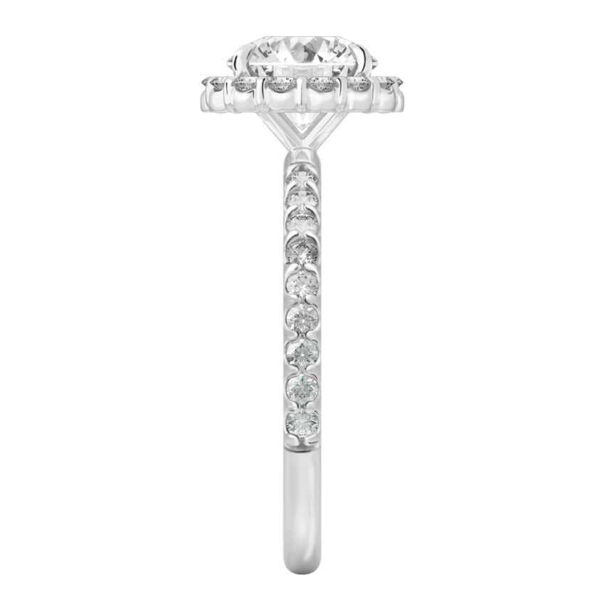 Side view of round cut diamond scalloped halo engagement ring platinum