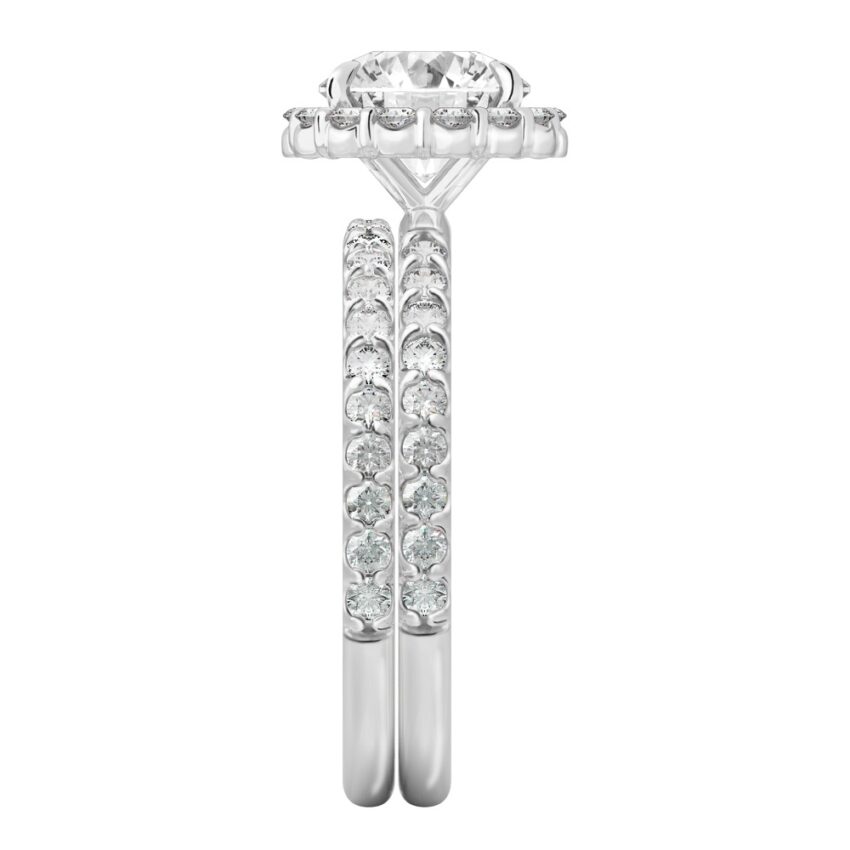 Side view of round cut diamond scalloped halo engagement ring set palladium