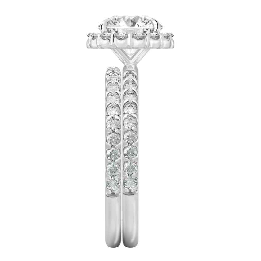 Side view of round cut diamond scalloped halo engagement ring set platinum