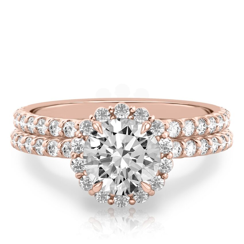 round cut diamond scalloped halo engagement ring set in rose gold