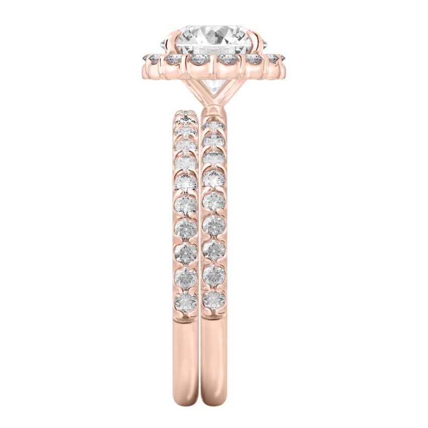 Side view of round cut diamond scalloped halo engagement ring set rose gold