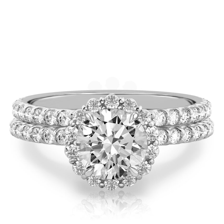 round cut diamond scalloped halo engagement ring set in white gold