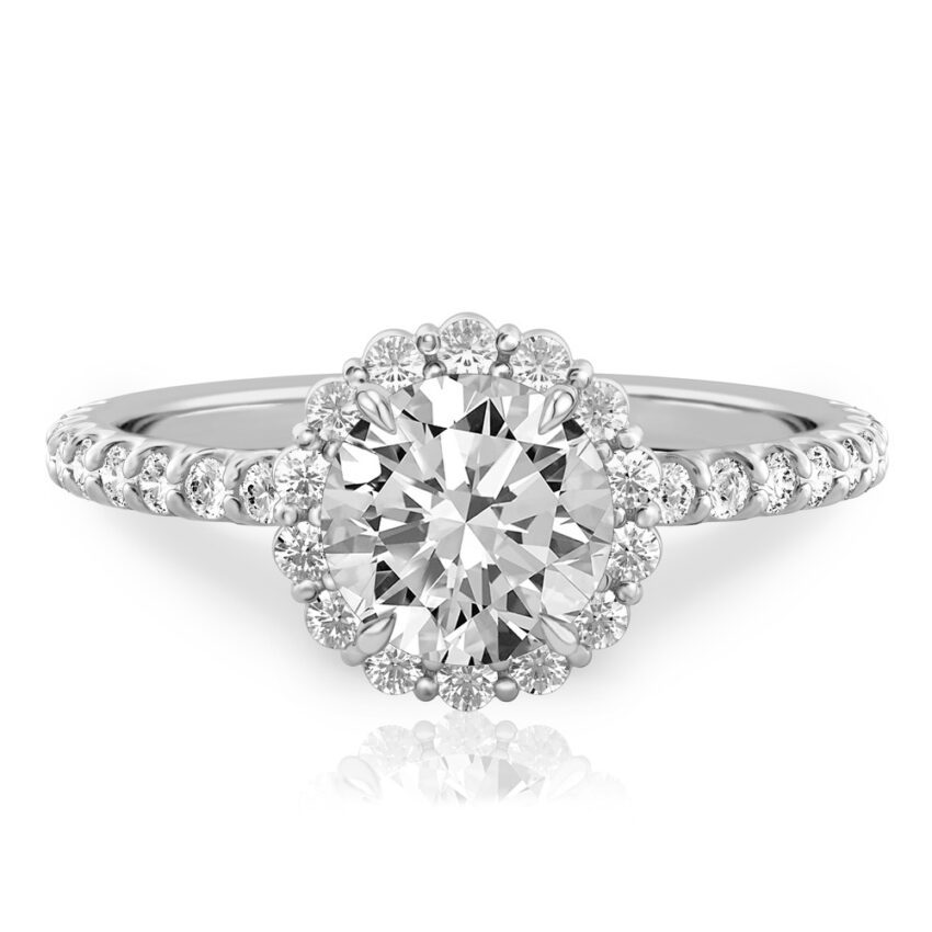 engagement ring with scalloped halo in white gold with round cut diamond