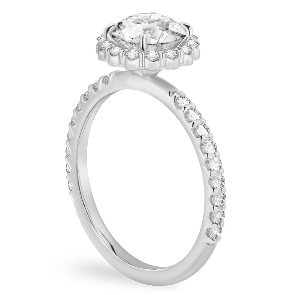 angle view of round cut diamond scalloped halo engagement ring in white gold