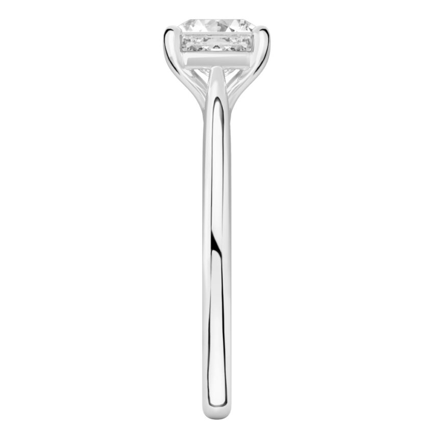 Side view of asscher cut diamond cathedral solitaire engagement ring platinum