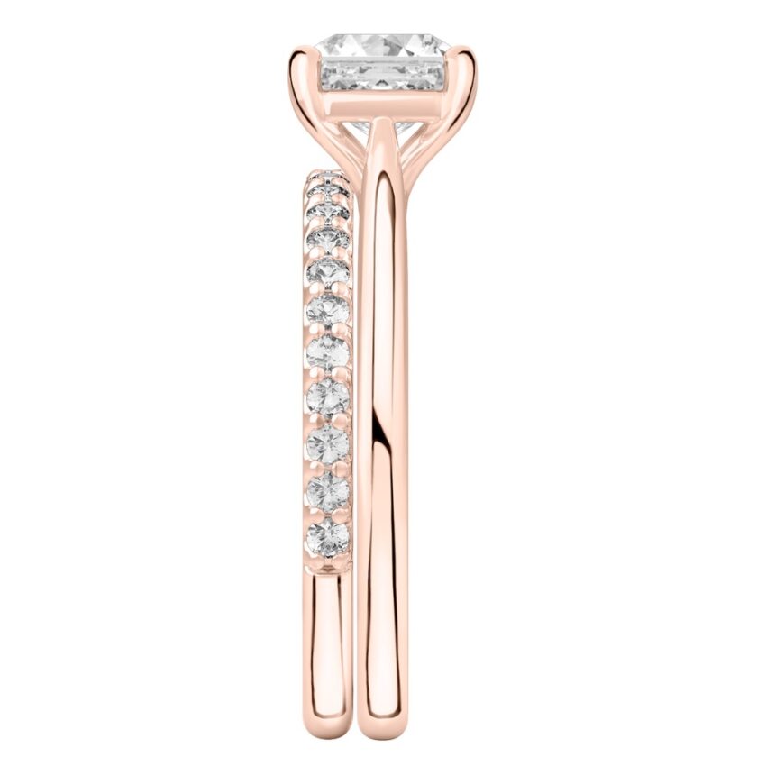 Side view of asscher cut diamond cathedral solitaire engagement ring set rose gold