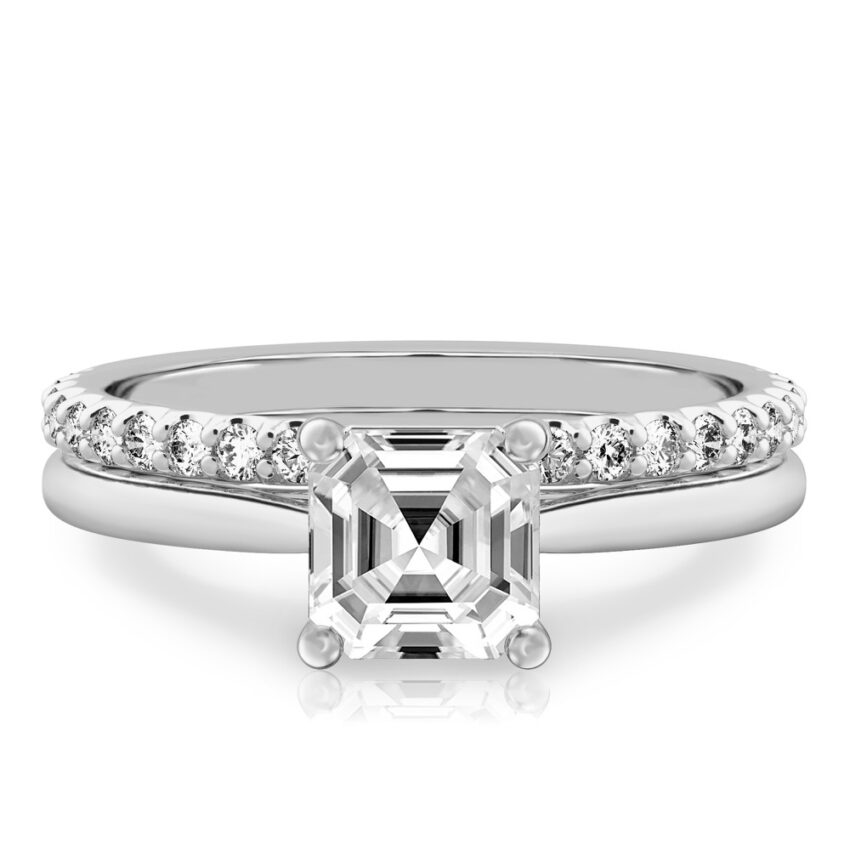 asscher cut diamond cathedral solitaire engagement ring set in white gold