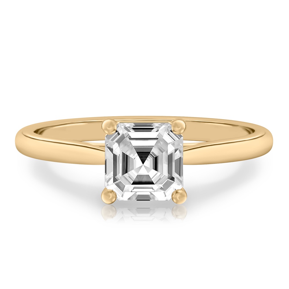 asscher cut diamond cathedral solitaire engagement ring yellow gold