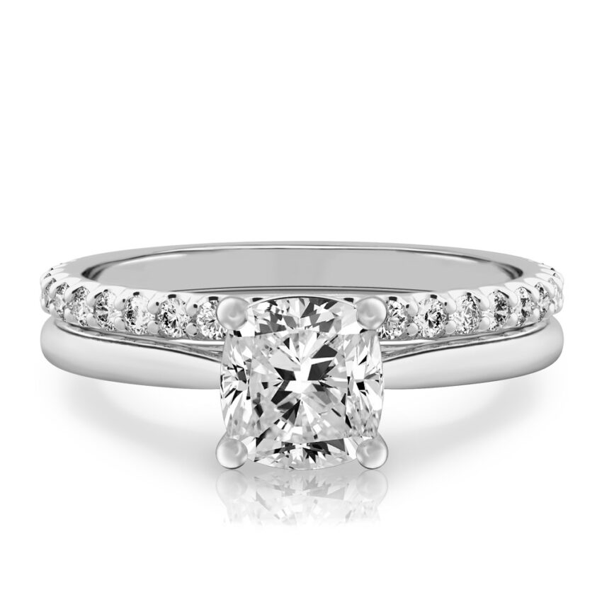 cushion cut diamond cathedral solitaire engagement ring set in white gold