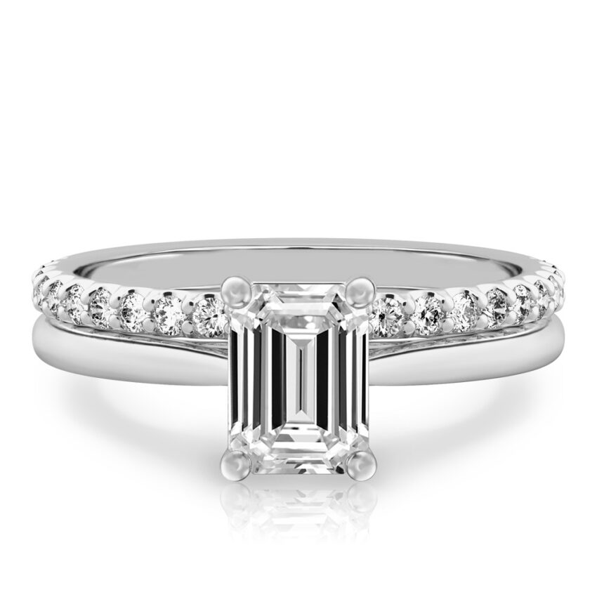 emerald cut diamond cathedral solitaire engagement ring set in platinum