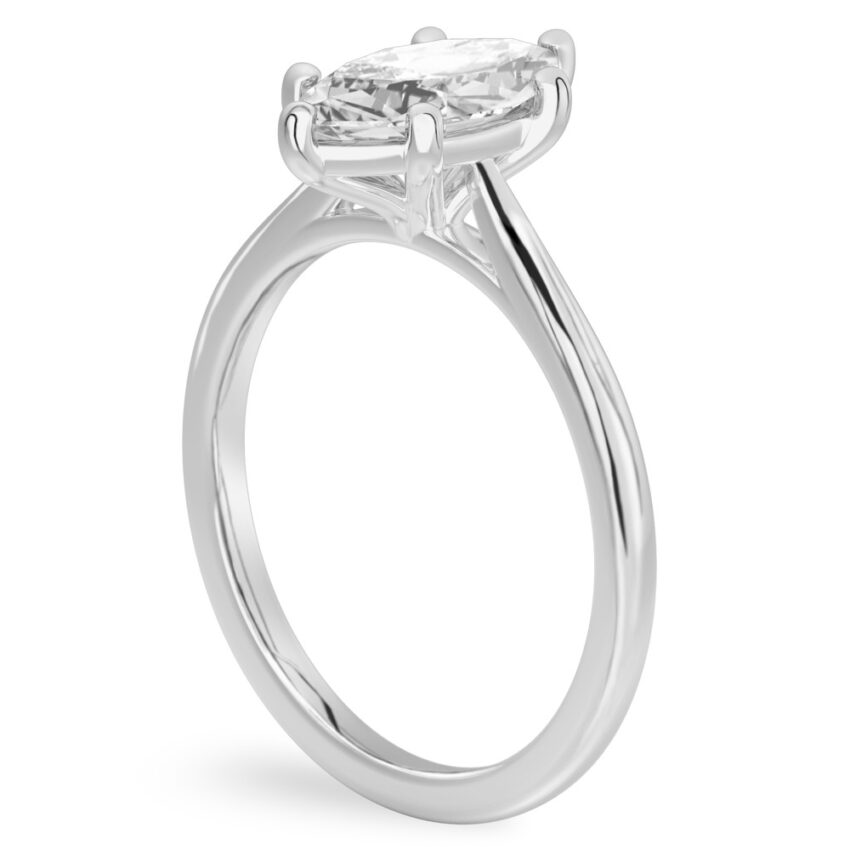 Angle view of marquise cut diamond cathedral solitaire engagement ring palladium