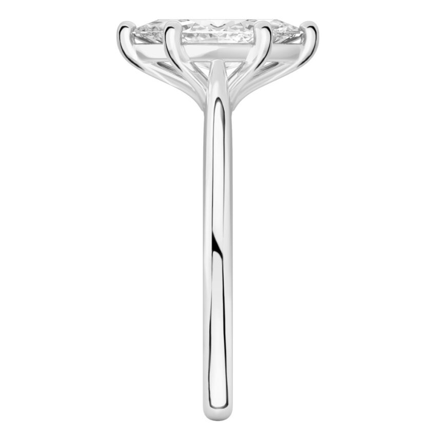 Side view of marquise cut diamond cathedral solitaire engagement ring palladium