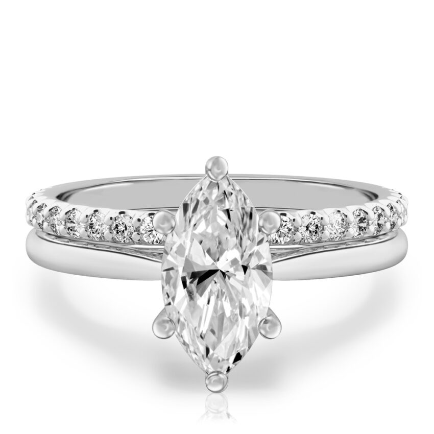 marquise cut diamond cathedral solitaire engagement ring set in platinum