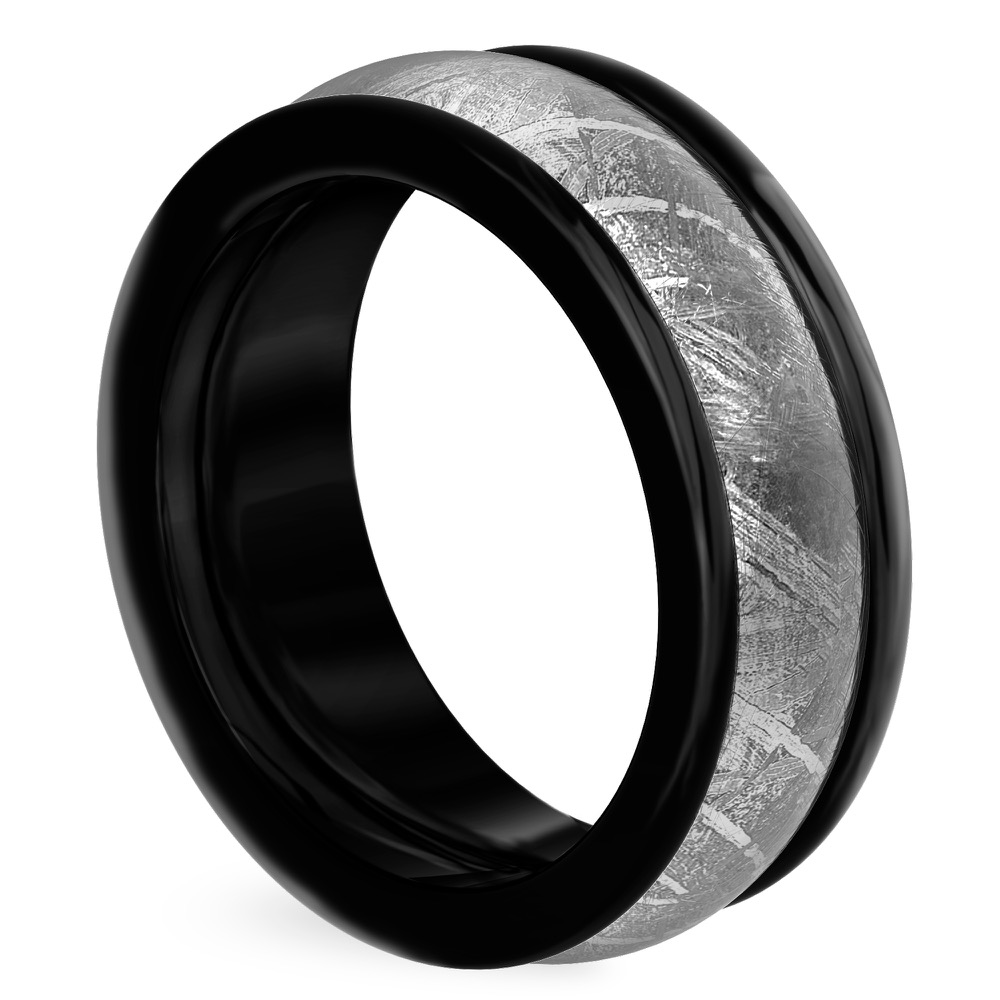 angle view of slightly domed 8mm mens meteorite ring with black tungsten edges and inside