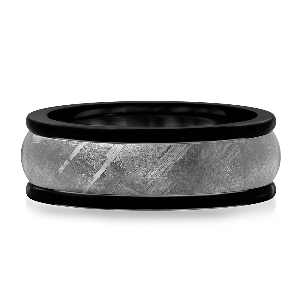 video cover of 8mm mens meteorite ring with black tungsten edges