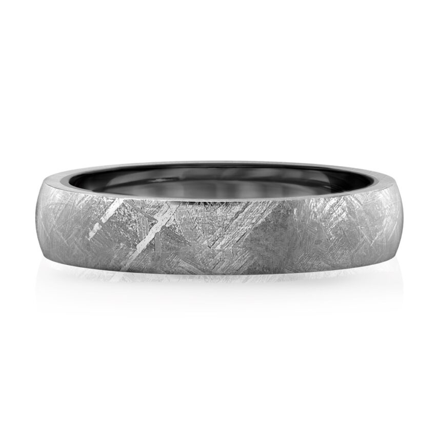 front view of 5mm width tungsten and meteorite ring with slight dome edge