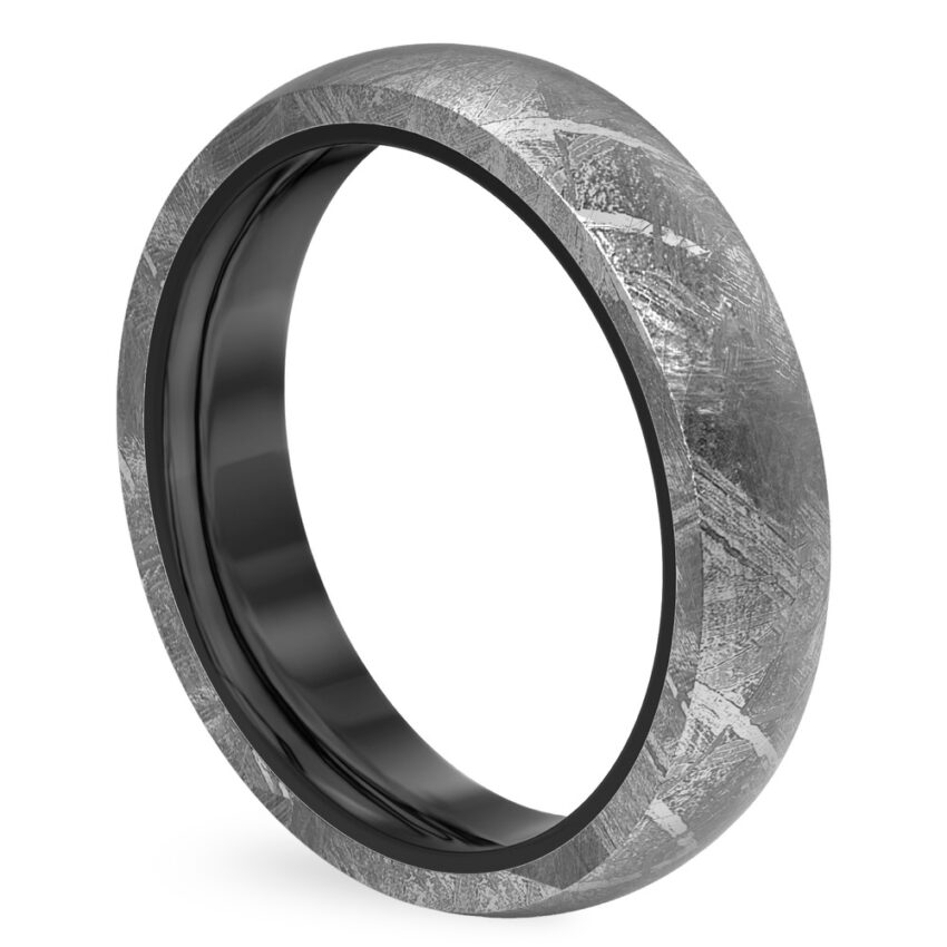 angle view of 5mm width tungsten and meteorite ring with slight dome edge