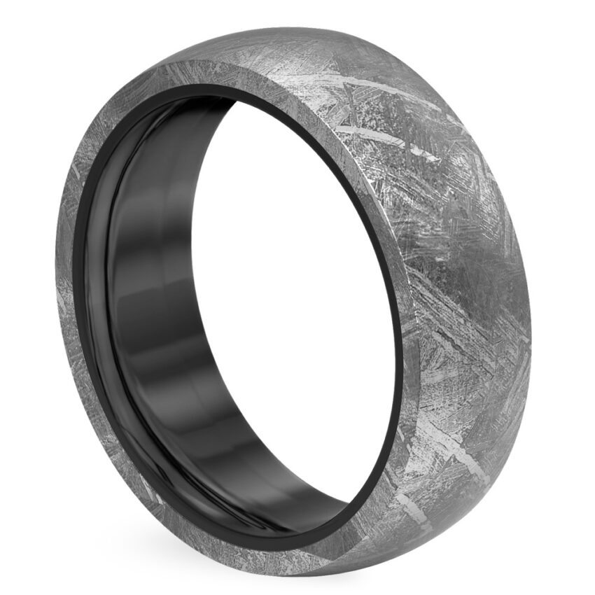 angle view of 7mm width tungsten and meteorite ring with slight dome edge