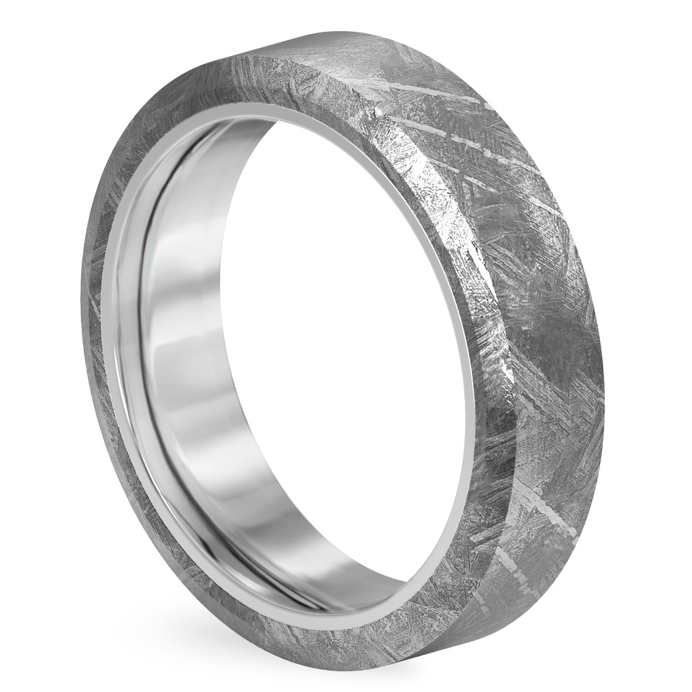 angle view of meteorite wedding band in white gold