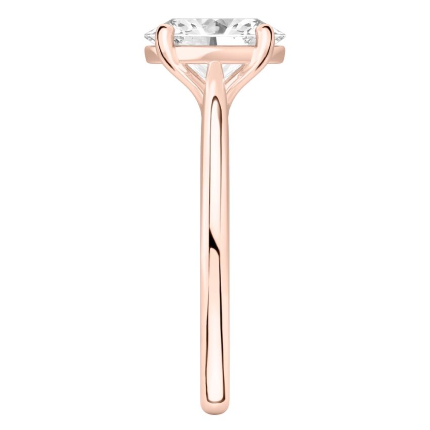 Side view of oval shape diamond cathedral solitaire engagement ring rose gold