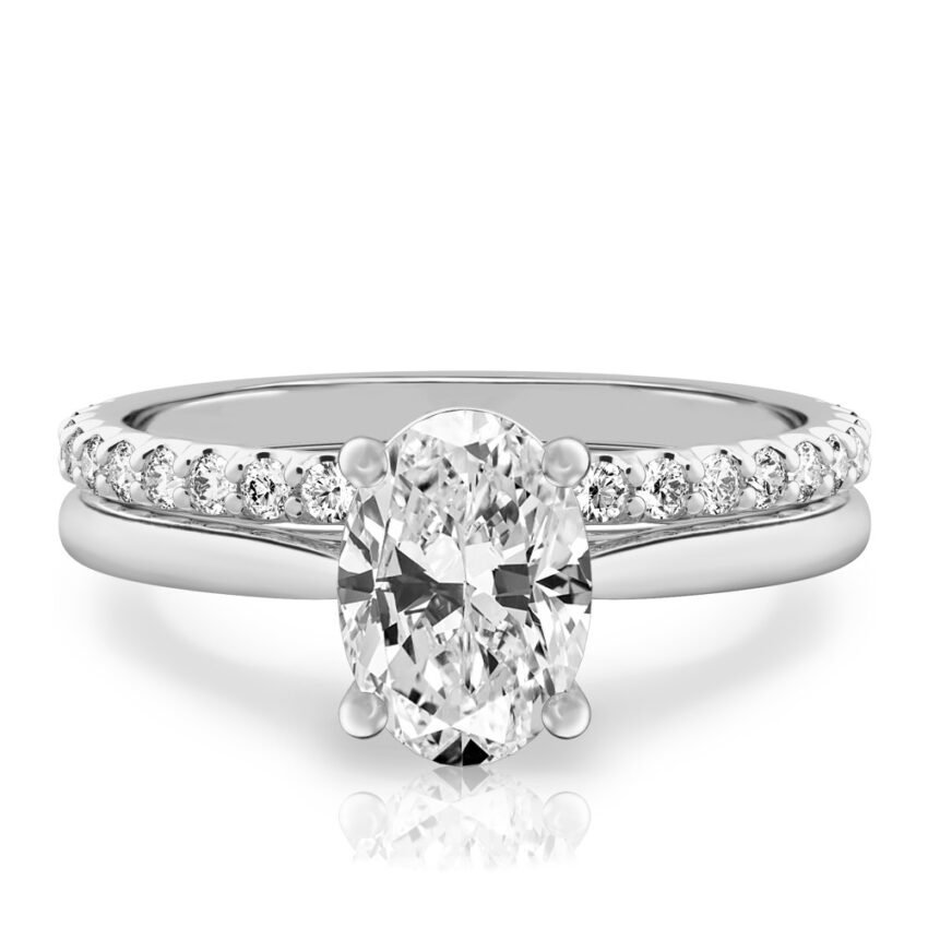 oval shape diamond cathedral solitaire engagement ring set in white gold