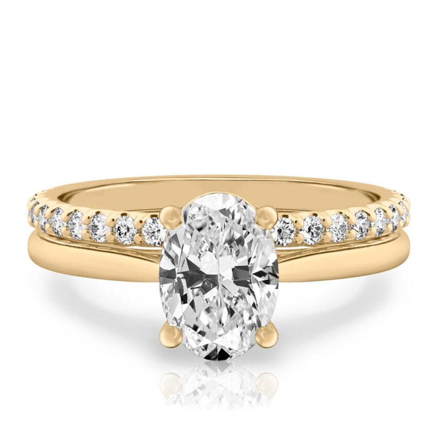 oval shape diamond cathedral solitaire engagement ring set in yellow gold