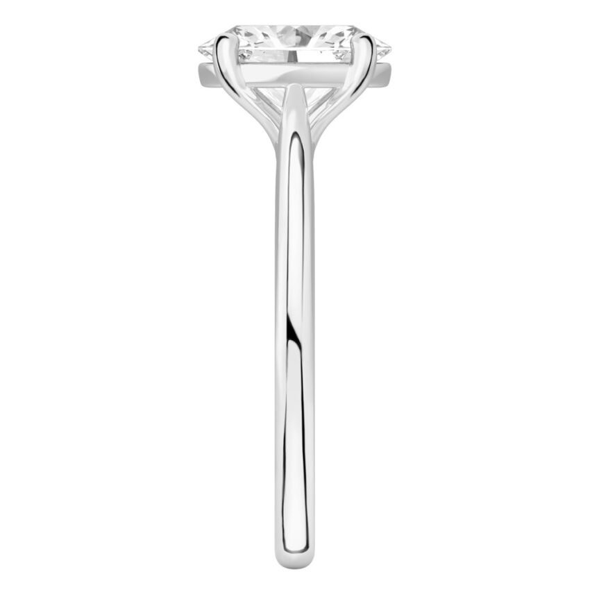 Side view of oval shape diamond cathedral solitaire engagement ring white gold