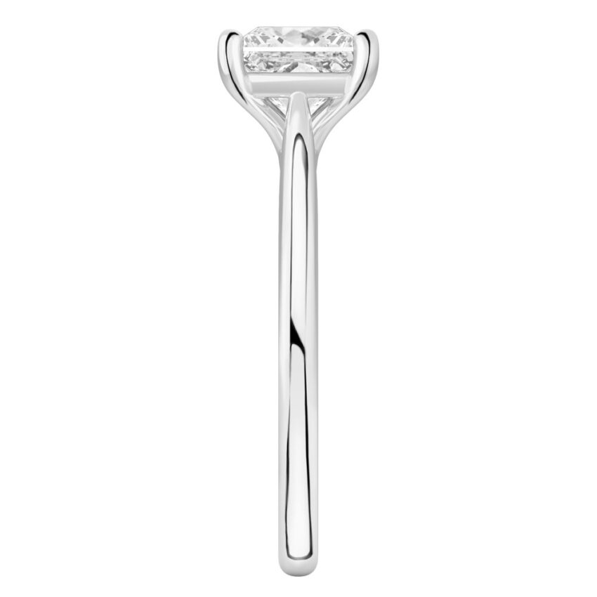 Side view of princess cut diamond cathedral solitaire engagement ring palladium