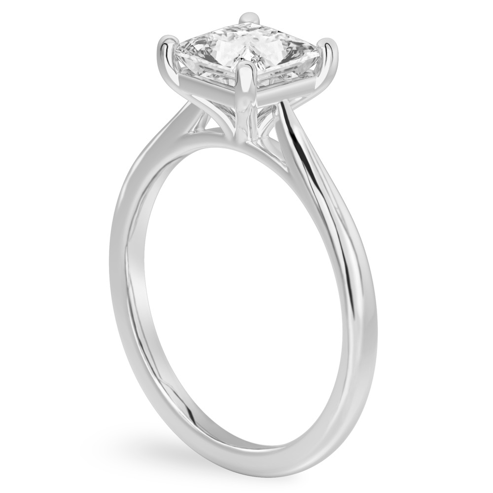 Angle view of princess cut diamond cathedral solitaire engagement ring platinum