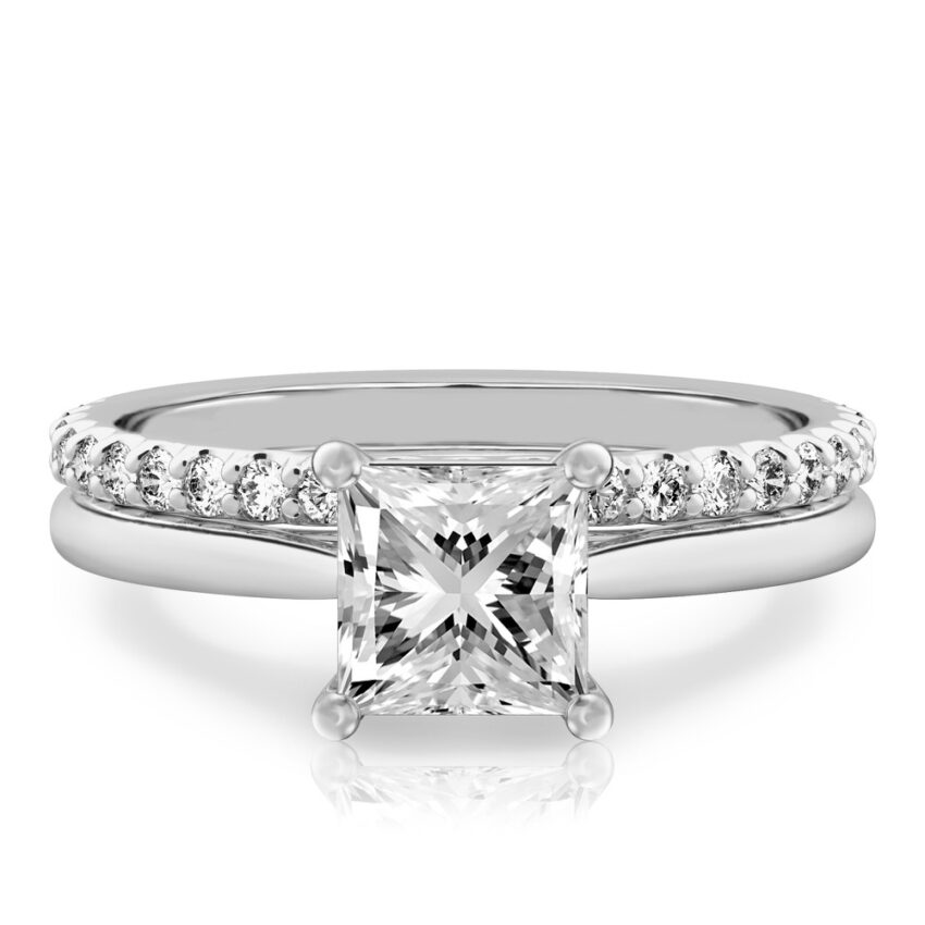 princess cut diamond cathedral solitaire engagement ring set in palladium