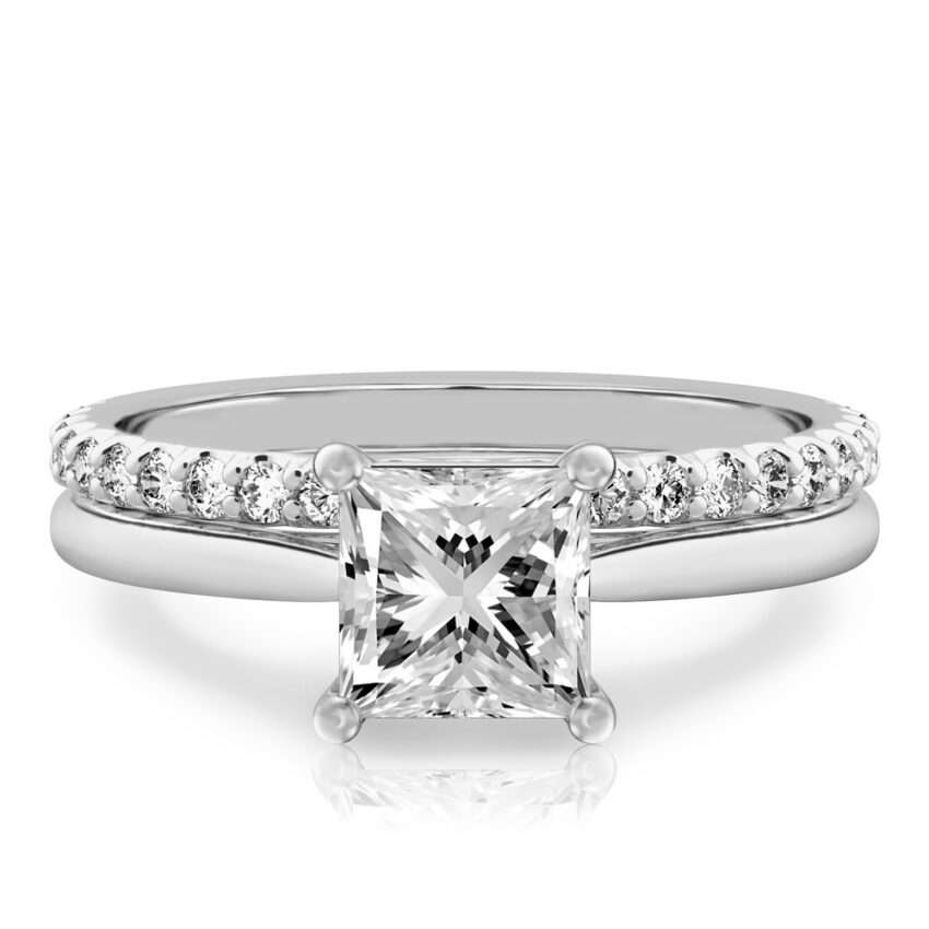 princess cut diamond cathedral solitaire engagement ring set in white gold