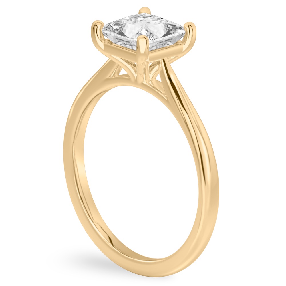 Angle view of princess cut diamond cathedral solitaire engagement ring yellow gold