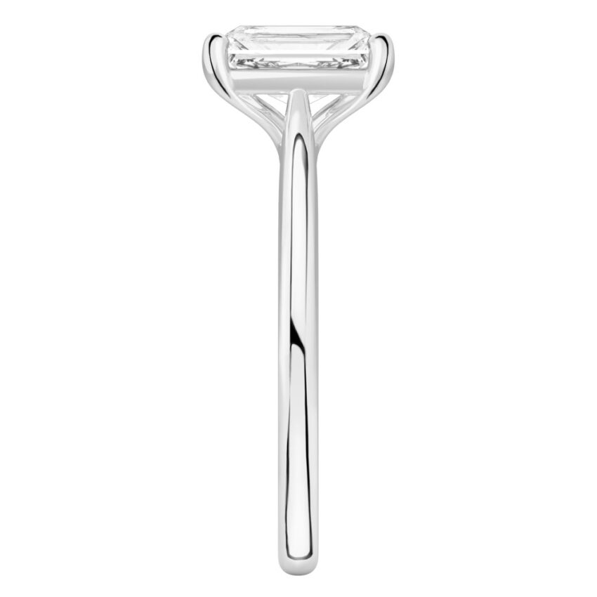 Side view of radiant cut diamond cathedral solitaire engagement ring palladium