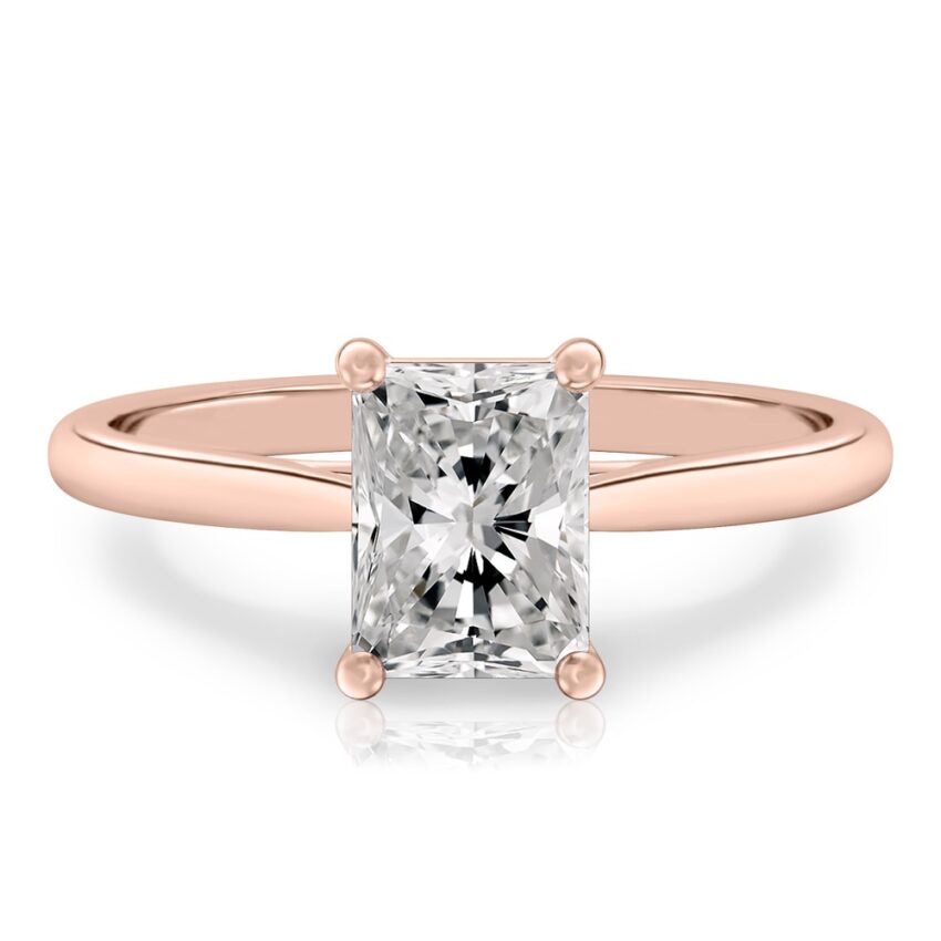 radiant cut diamond cathedral solitaire engagement ring rose gold