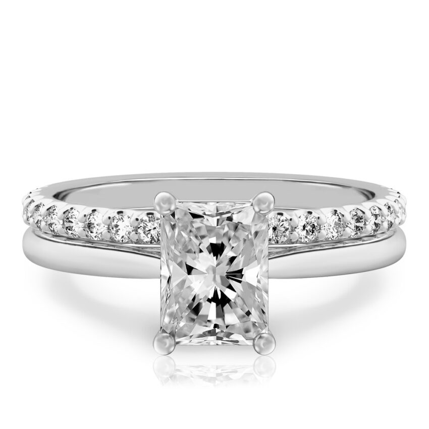 radiant cut diamond cathedral solitaire engagement ring set in palladium