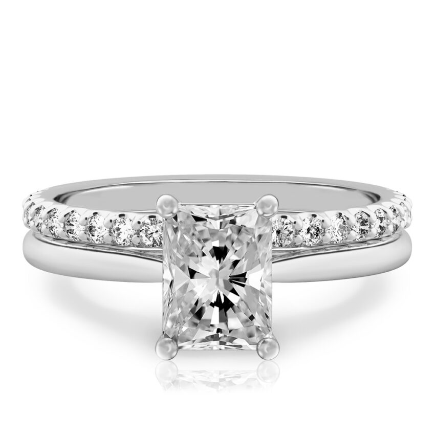radiant cut diamond cathedral solitaire engagement ring set in platinum