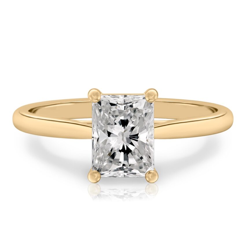 radiant cut diamond cathedral solitaire engagement ring yellow gold