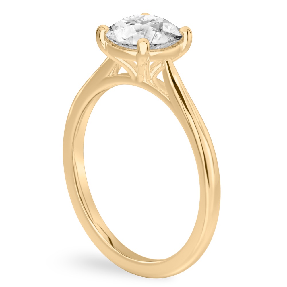 Angle view of round cut diamond cathedral solitaire engagement ring yellow gold