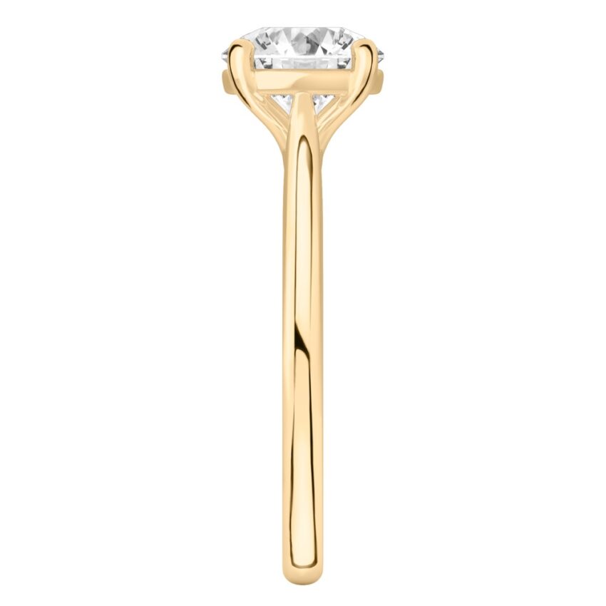 Side view of round cut diamond cathedral solitaire engagement ring yellow gold