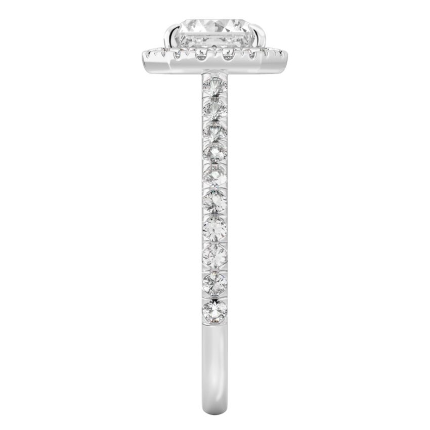 Side view of asscher cut diamond cushion halo engagement ring palladium