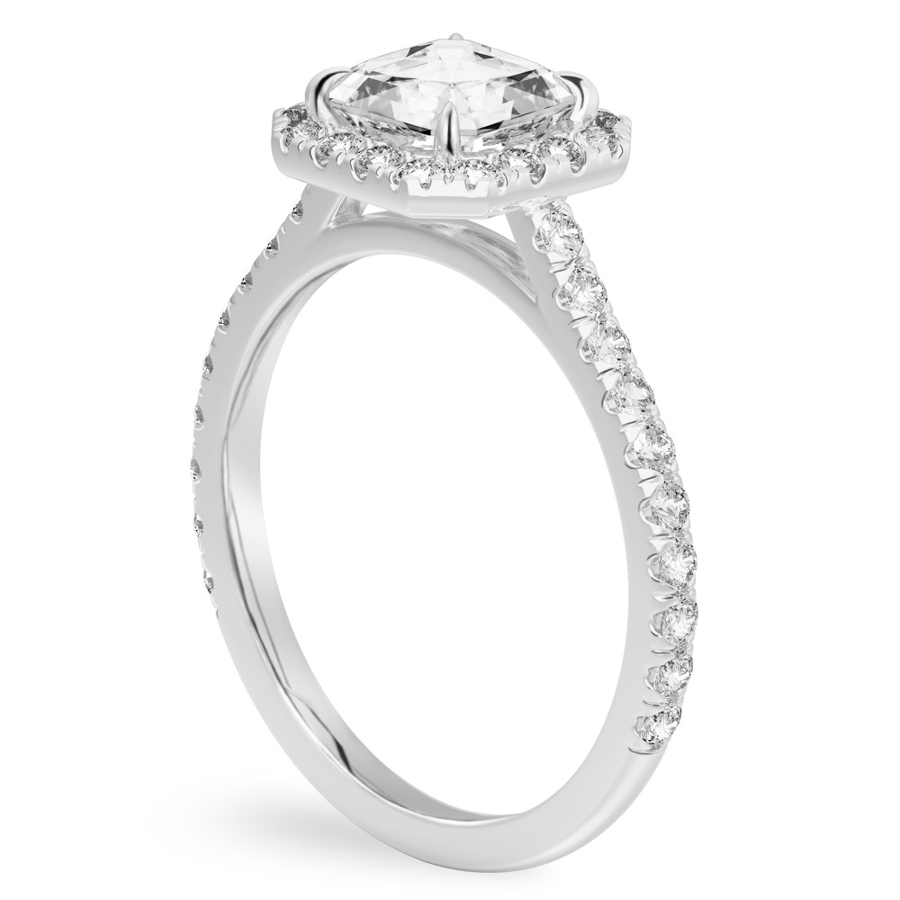 Angle view of asscher cut diamond cushion halo engagement ring platinum