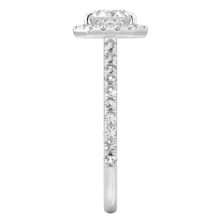 Side view of asscher cut diamond cushion halo engagement ring platinum