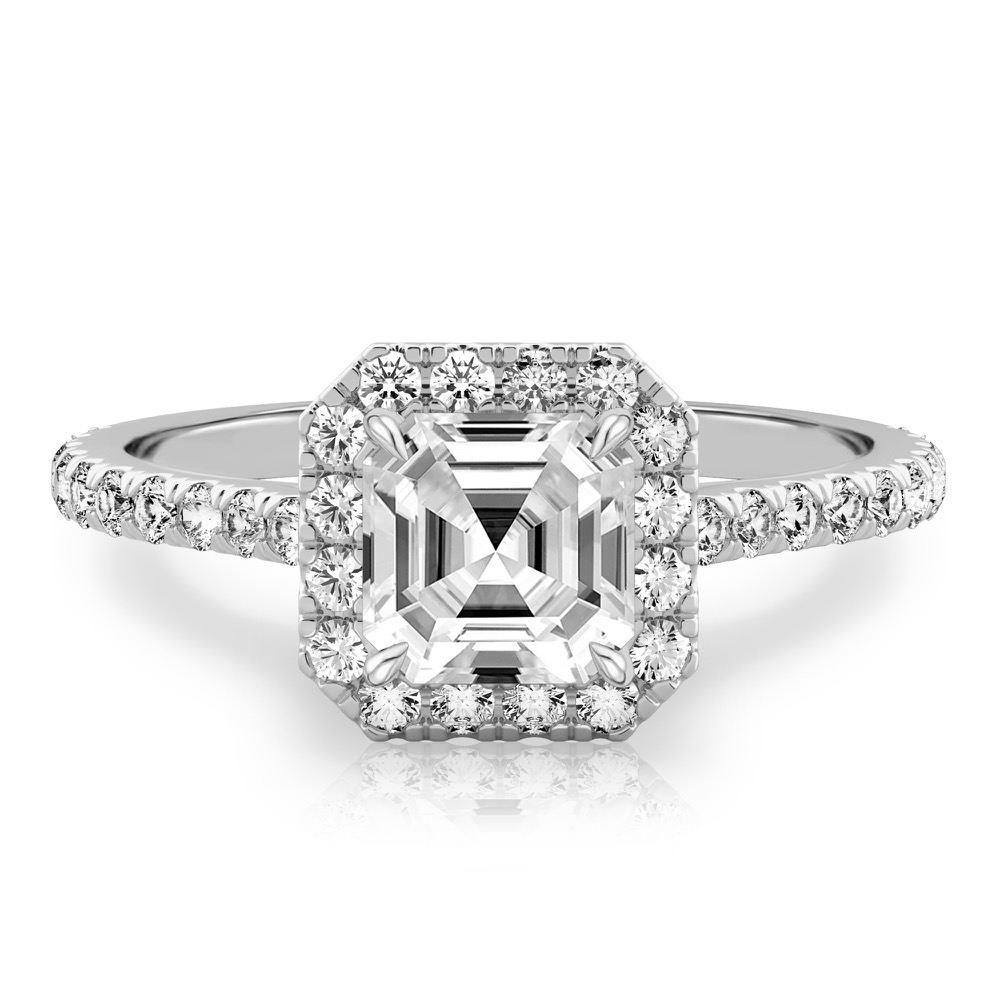 asscher cut diamond cushion halo engagement ring platinum