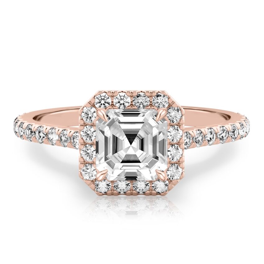 asscher cut diamond cushion halo engagement ring rose gold