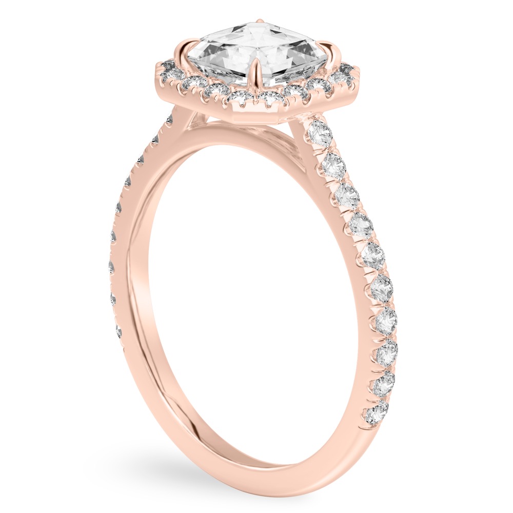 Angle view of asscher cut diamond cushion halo engagement ring rose gold