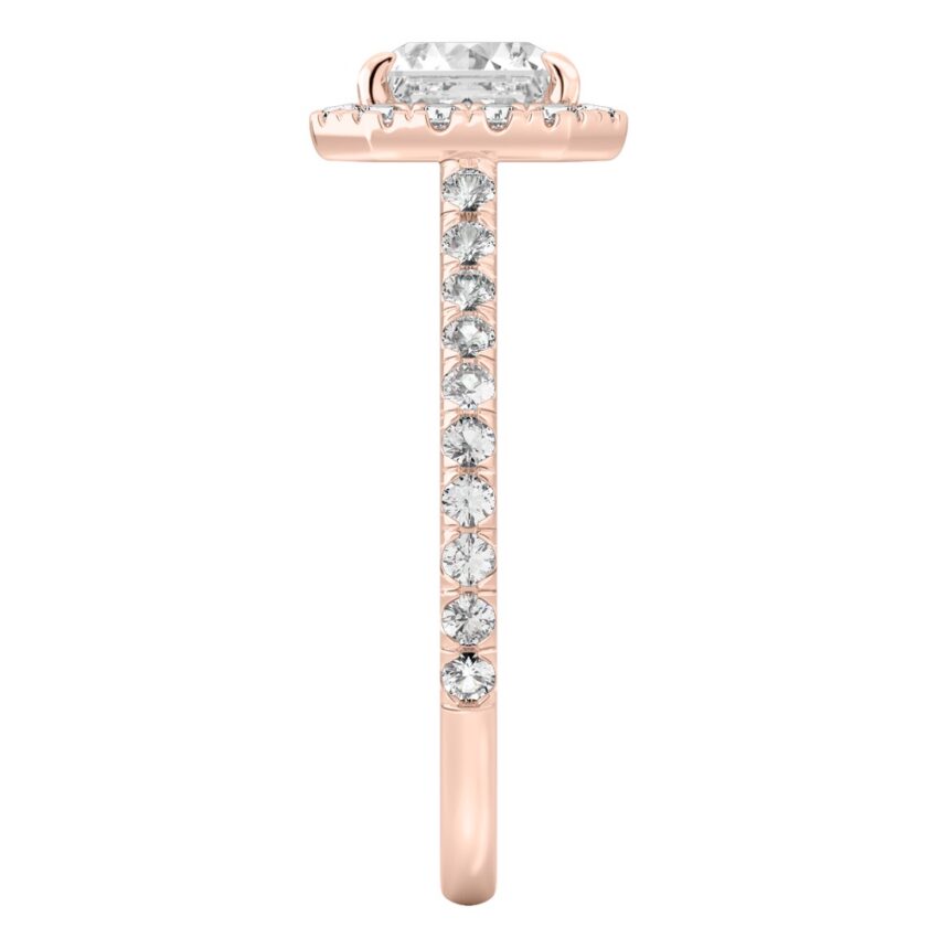 Side view of asscher cut diamond cushion halo engagement ring rose gold