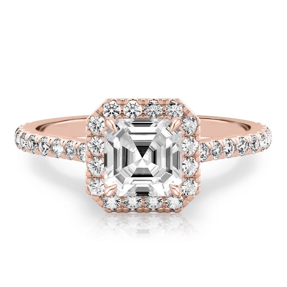 asscher cut diamond cushion halo engagement ring rose gold
