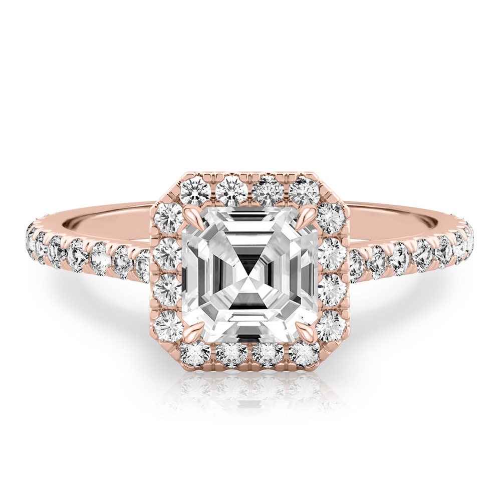 asscher cut diamond cushion halo engagement ring rose gold